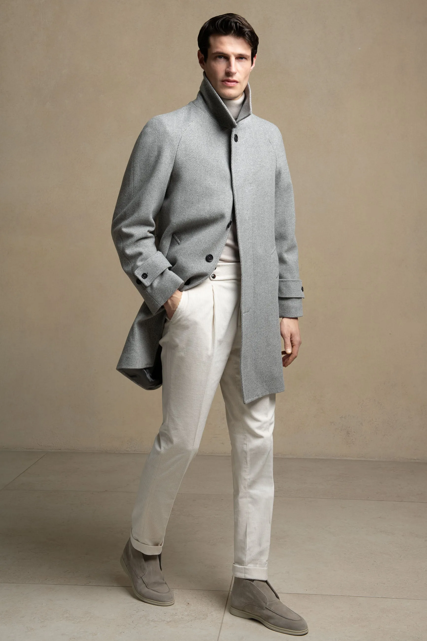 Grey herringbone Raglan coat – Made in Italy