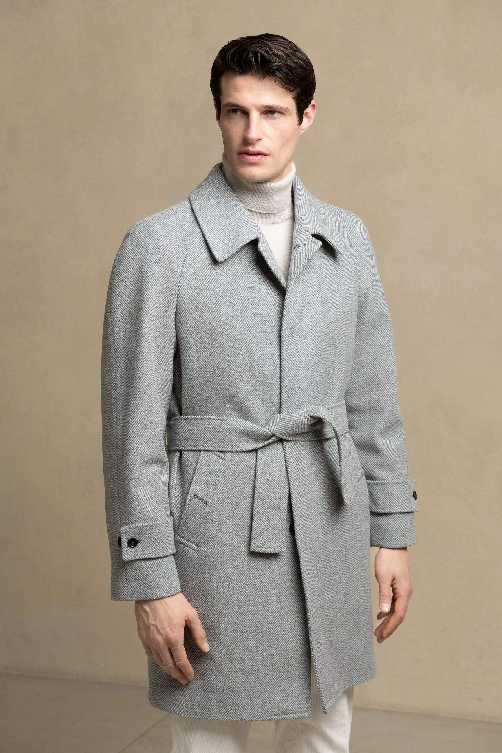 Grey herringbone Raglan coat – Made in Italy