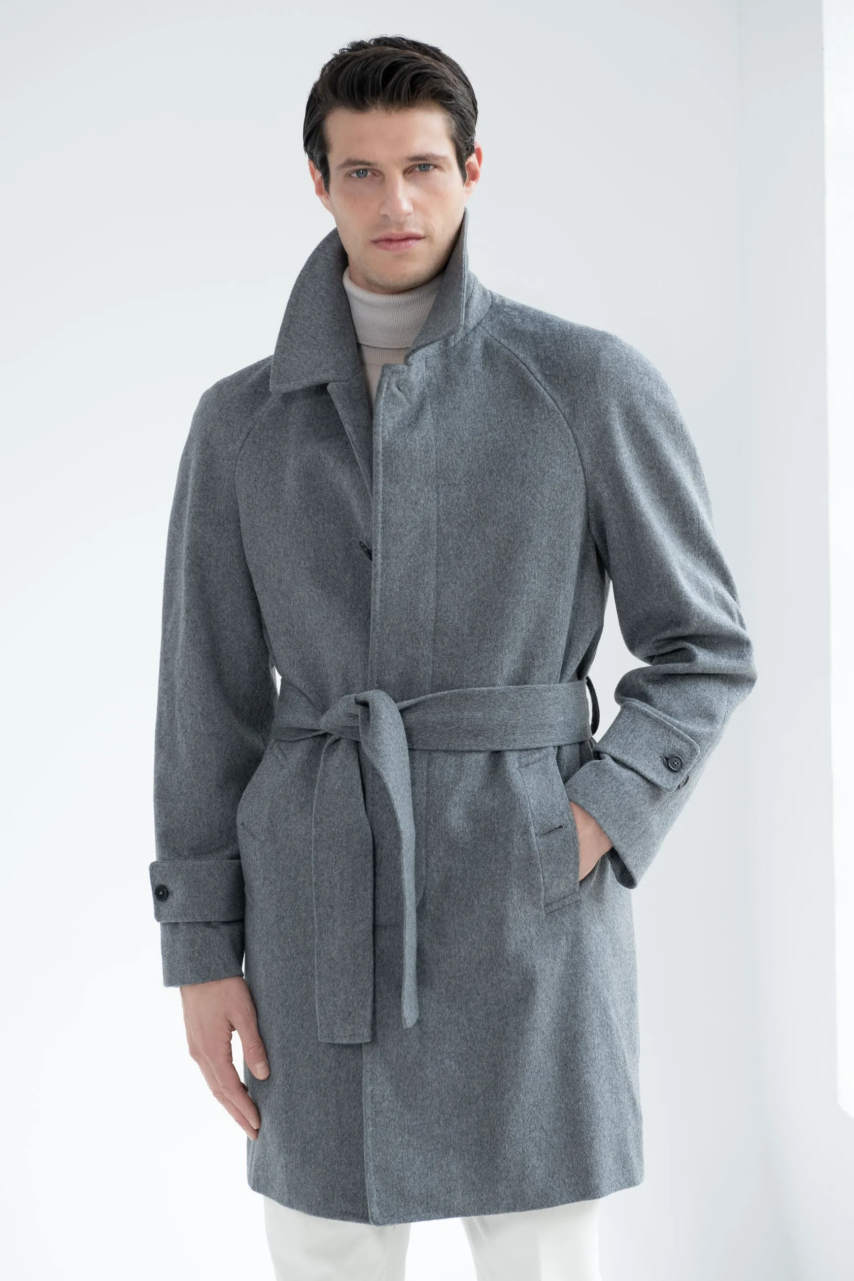 Grey raglan coat in Loro Piana wool – Made in Italy