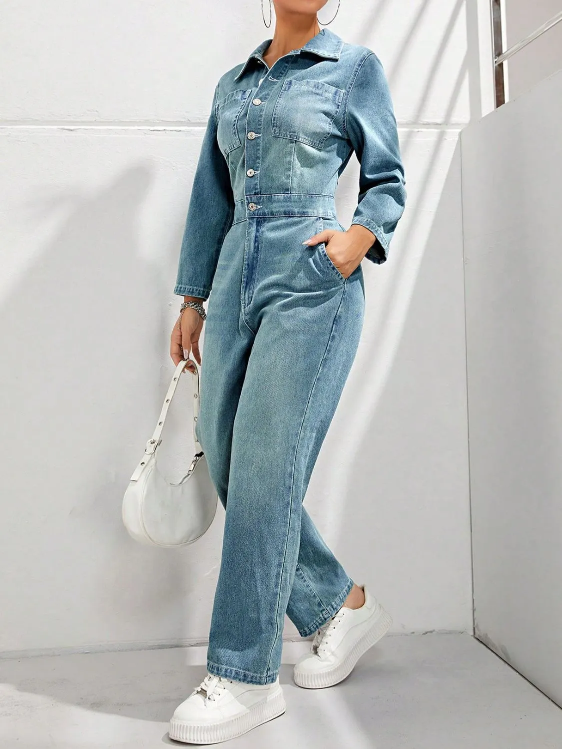 Half Button Long Sleeve Straight Leg Denim Jumpsuit