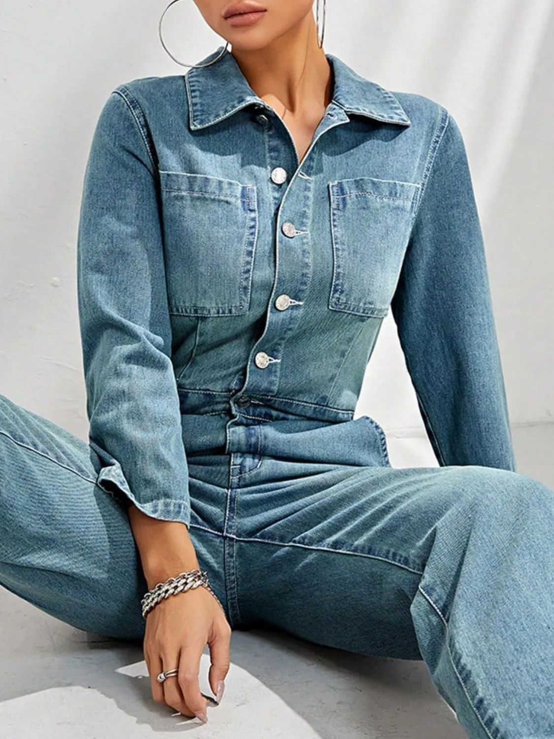 Half Button Long Sleeve Straight Leg Denim Jumpsuit