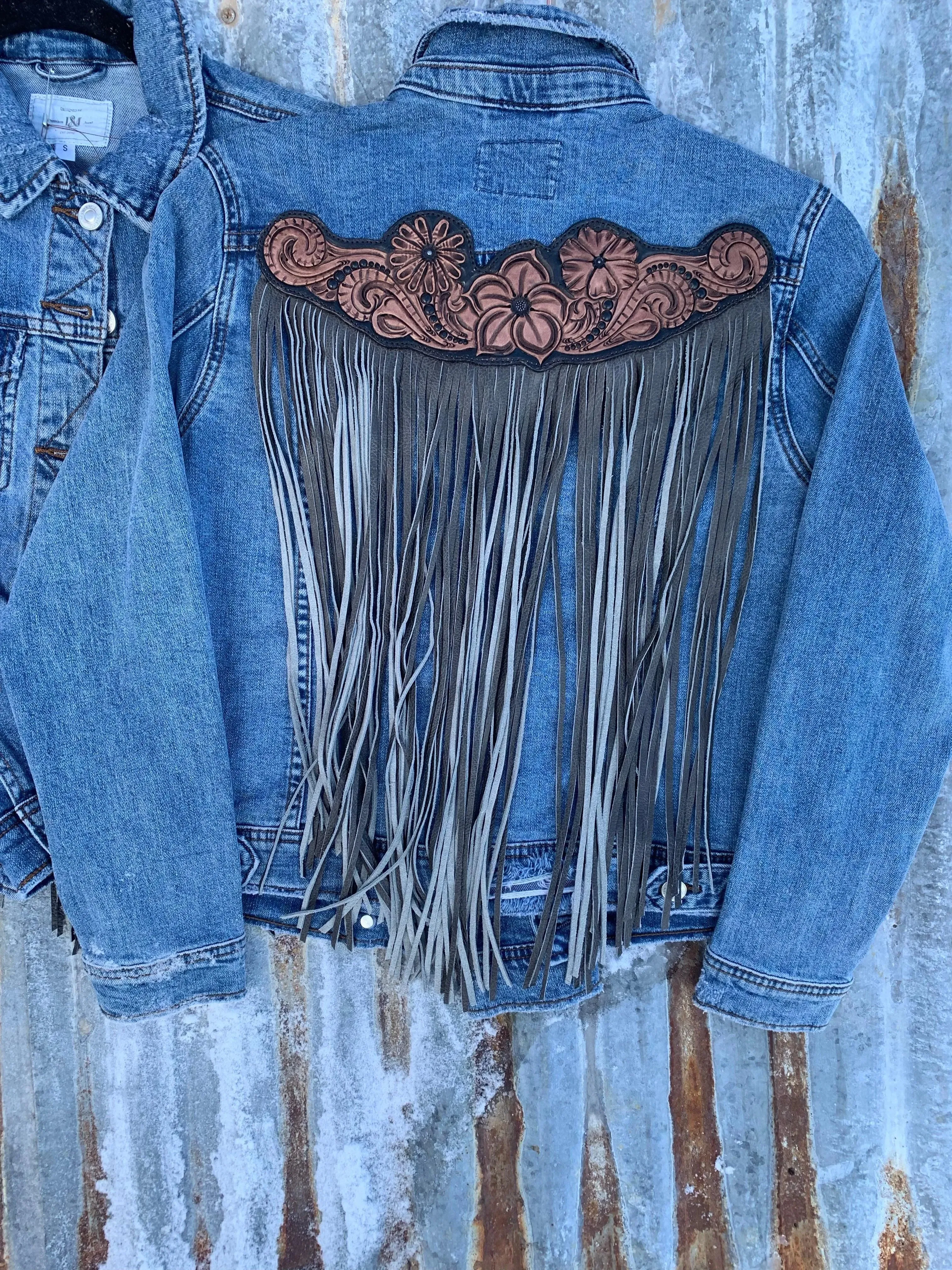 Handtooled Leather Denim Jacket in Black and Grey with Xtra Long Fringe