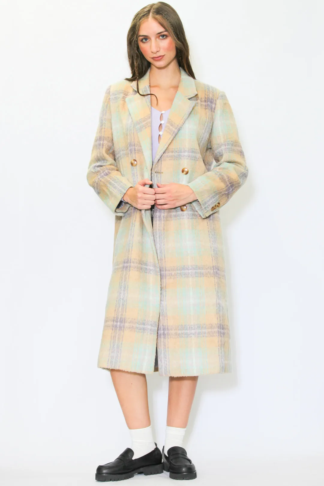 Heavy Wool Cream Plaid Coat