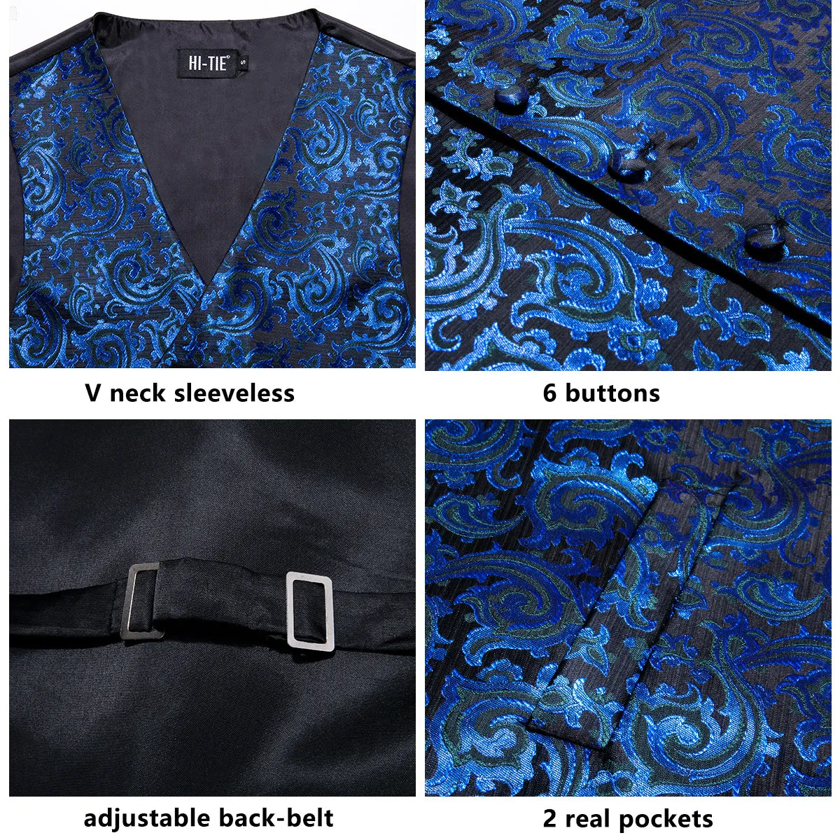 Hi-Tie Black Blue Paisley Novelty Silk Wedding Men's Vest Necktie Set