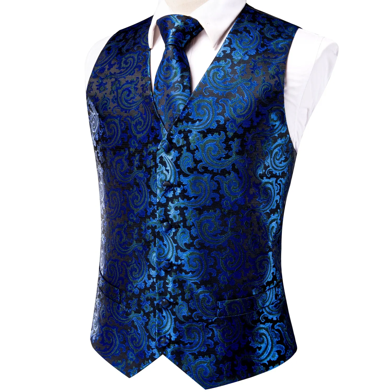 Hi-Tie Black Blue Paisley Novelty Silk Wedding Men's Vest Necktie Set