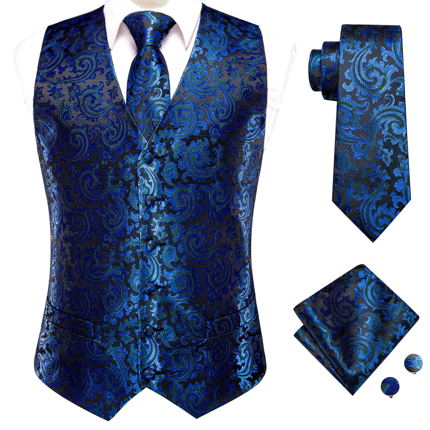 Hi-Tie Black Blue Paisley Novelty Silk Wedding Men's Vest Necktie Set