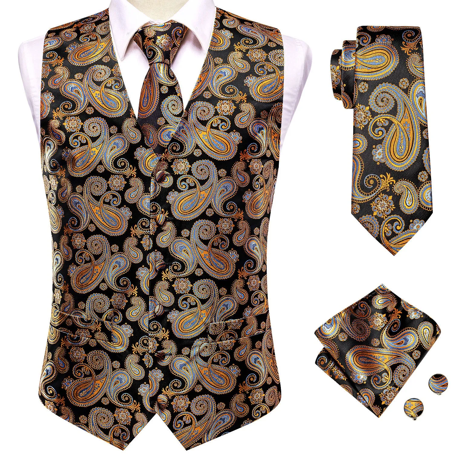 Hi-Tie Black Blue Yellow Paisley Silk Vest Hanky Cufflinks Tie Set