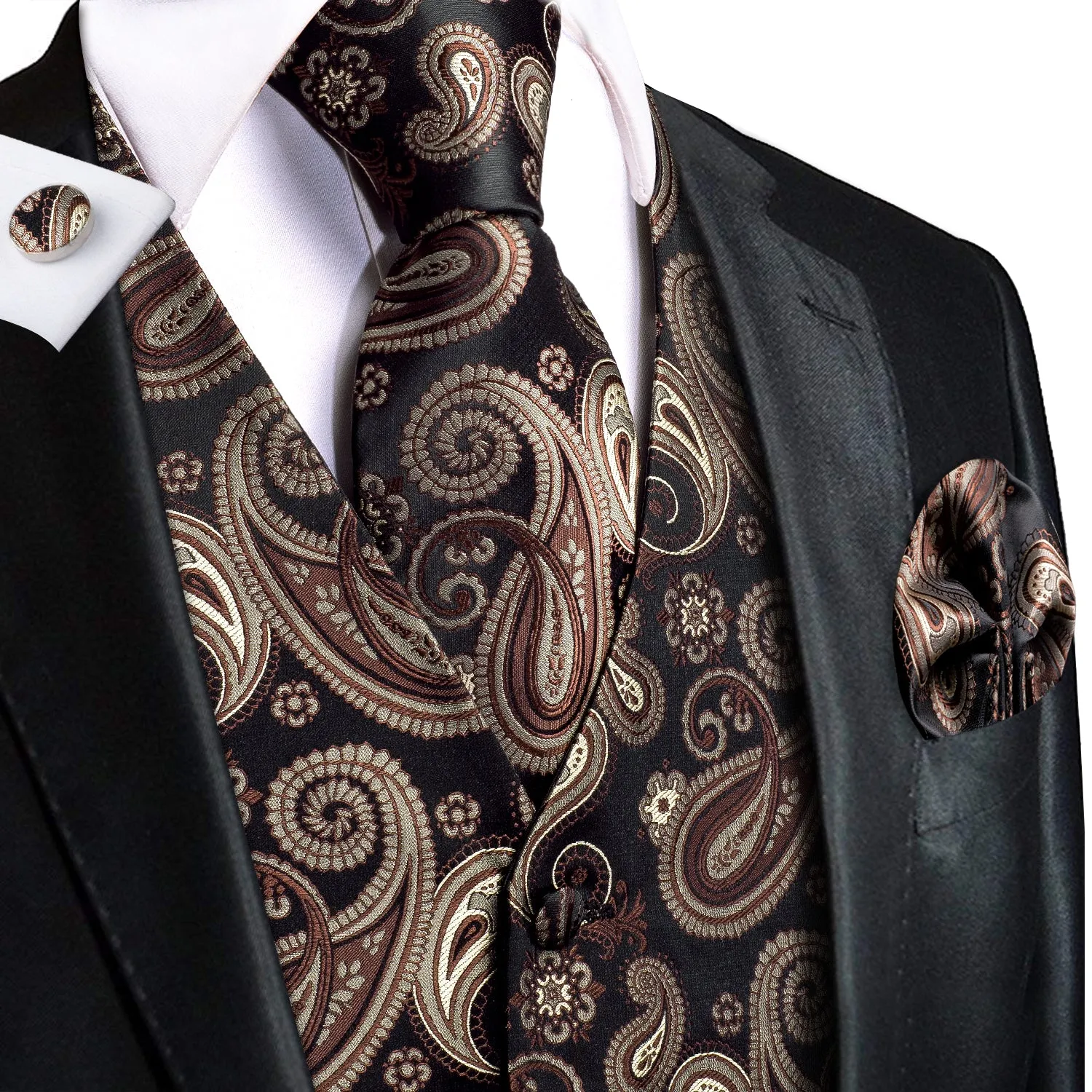 Hi-Tie Black Brown Paisley Silk Men's Vest Tie Set Waistcoat Suit Set