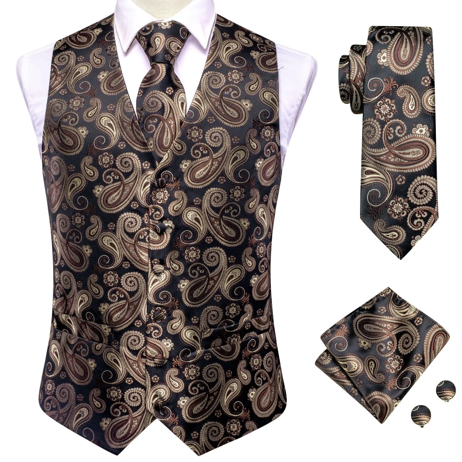 Hi-Tie Black Brown Paisley Silk Men's Vest Tie Set Waistcoat Suit Set