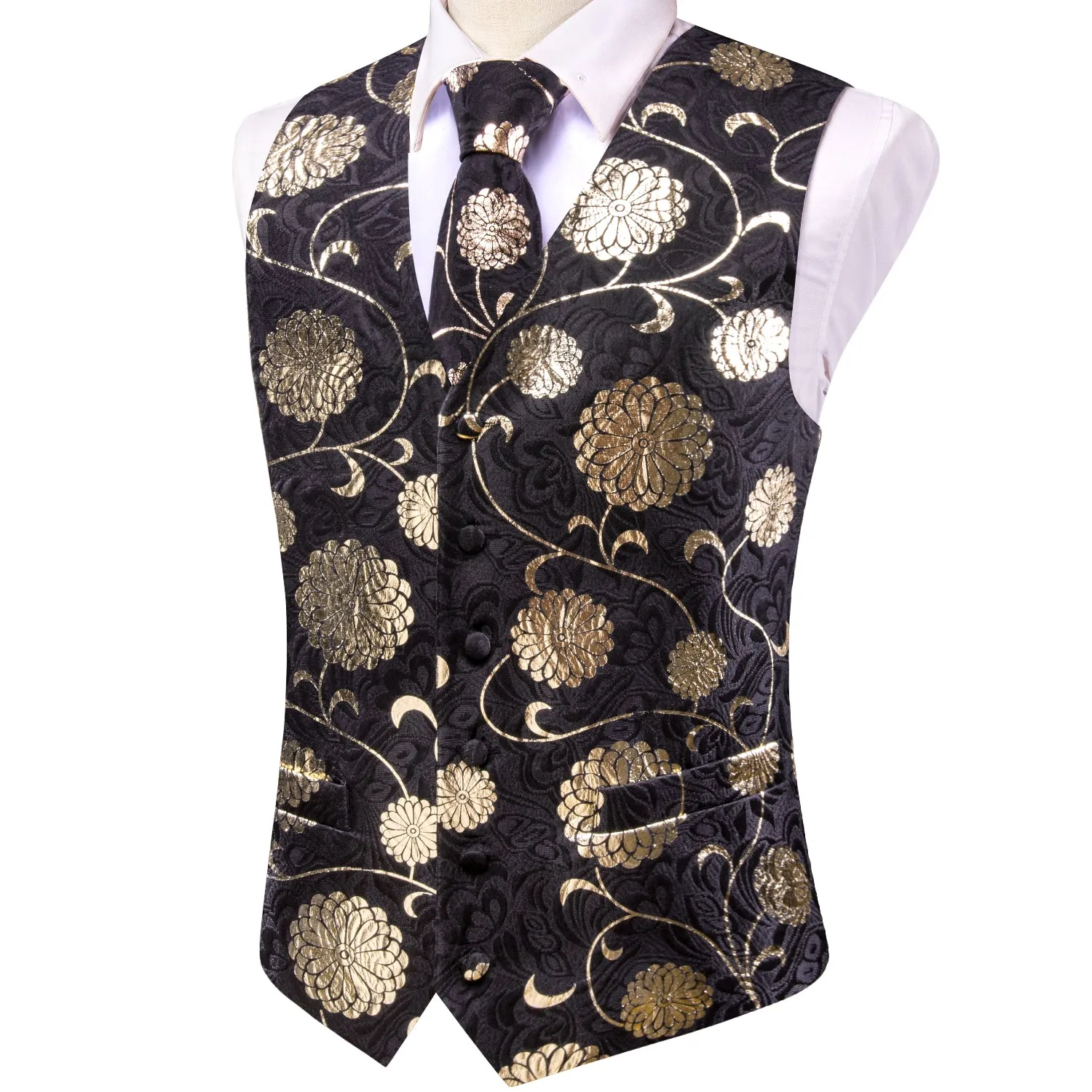 Hi-Tie Black Champagne Floral Mens V-Neck Vest Hanky Cufflinks Tie Set