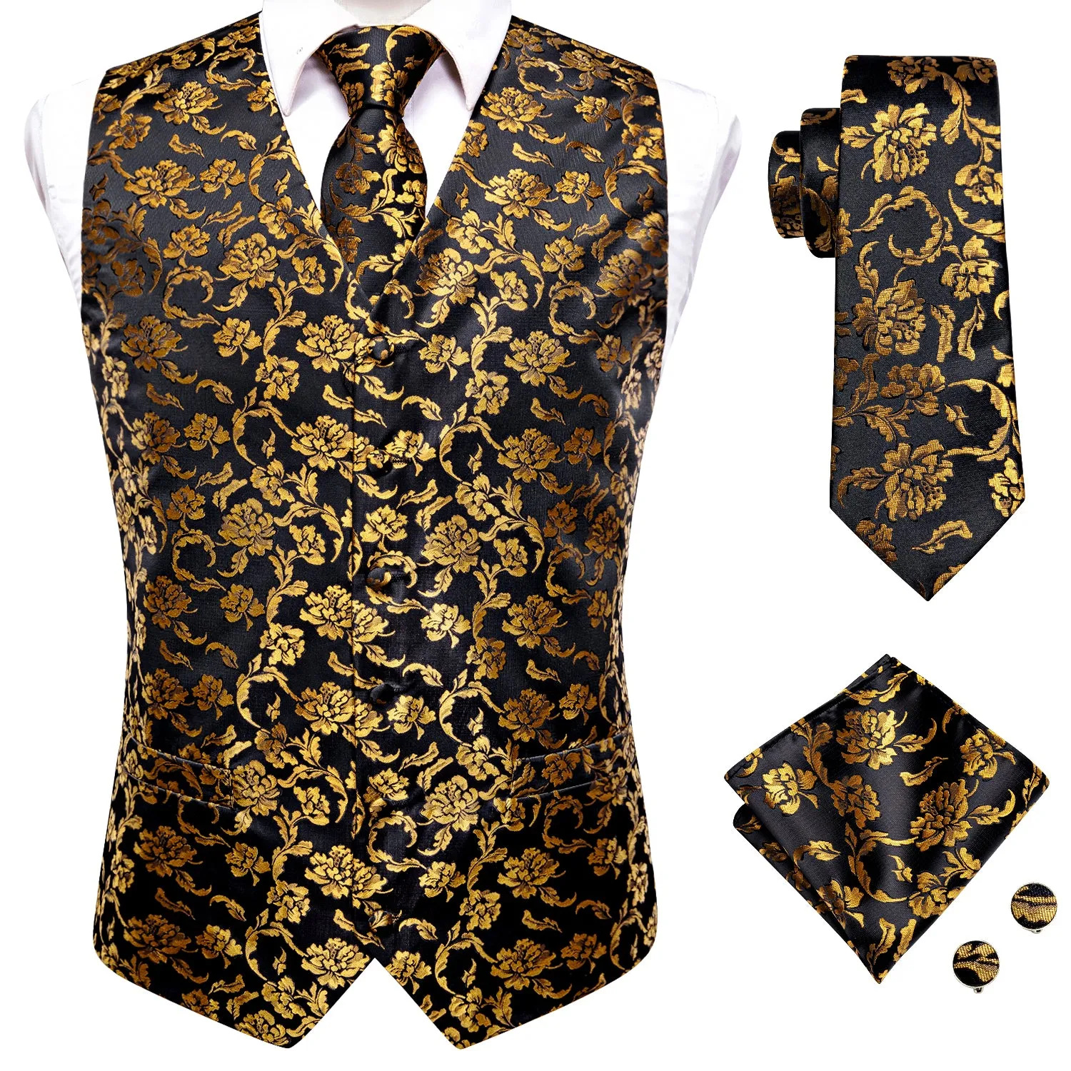 Hi-Tie Black Golden Floral Silk Men's Vest Tie Set Waistcoat Suit Set