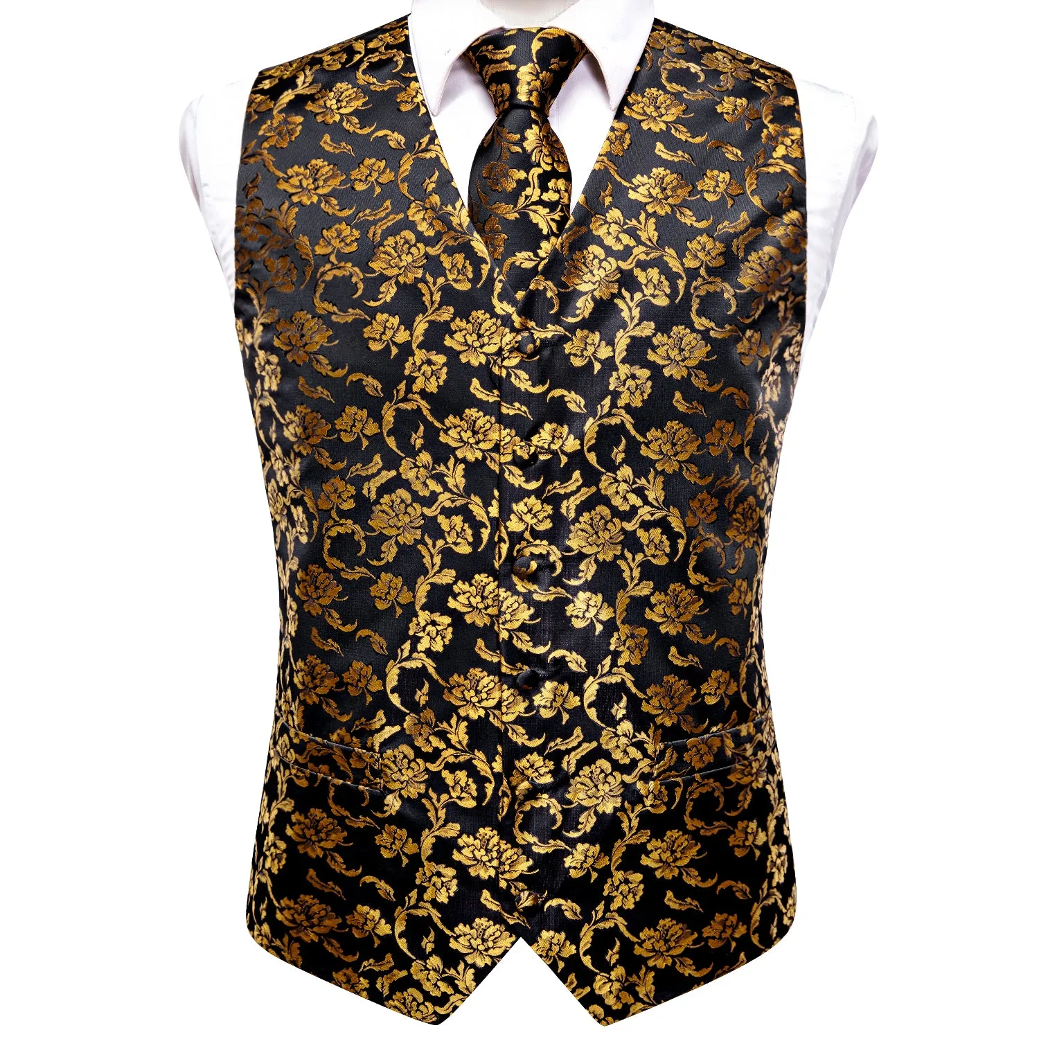 Hi-Tie Black Golden Floral Silk Men's Vest Tie Set Waistcoat Suit Set