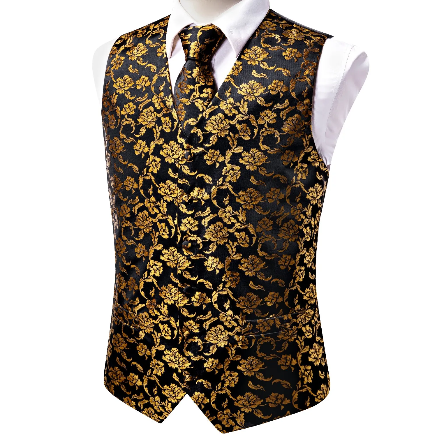 Hi-Tie Black Golden Floral Silk Men's Vest Tie Set Waistcoat Suit Set