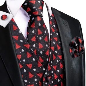 Hi-Tie Black Red Christmas Tree Men's Vest Hanky Cufflinks Tie Set