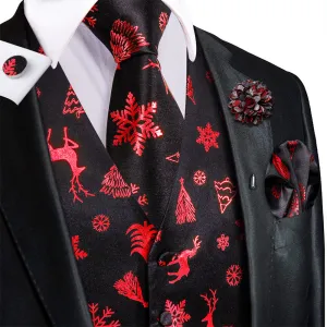 Hi-Tie Mens Waistcoat Black Red Christmas Tree Elements Vest Necktie Set