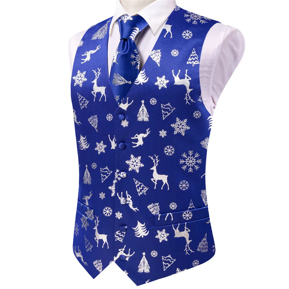 Hi-Tie Mens Waistcoat Blue Silver Christmas Tree Elements Vest Necktie Set