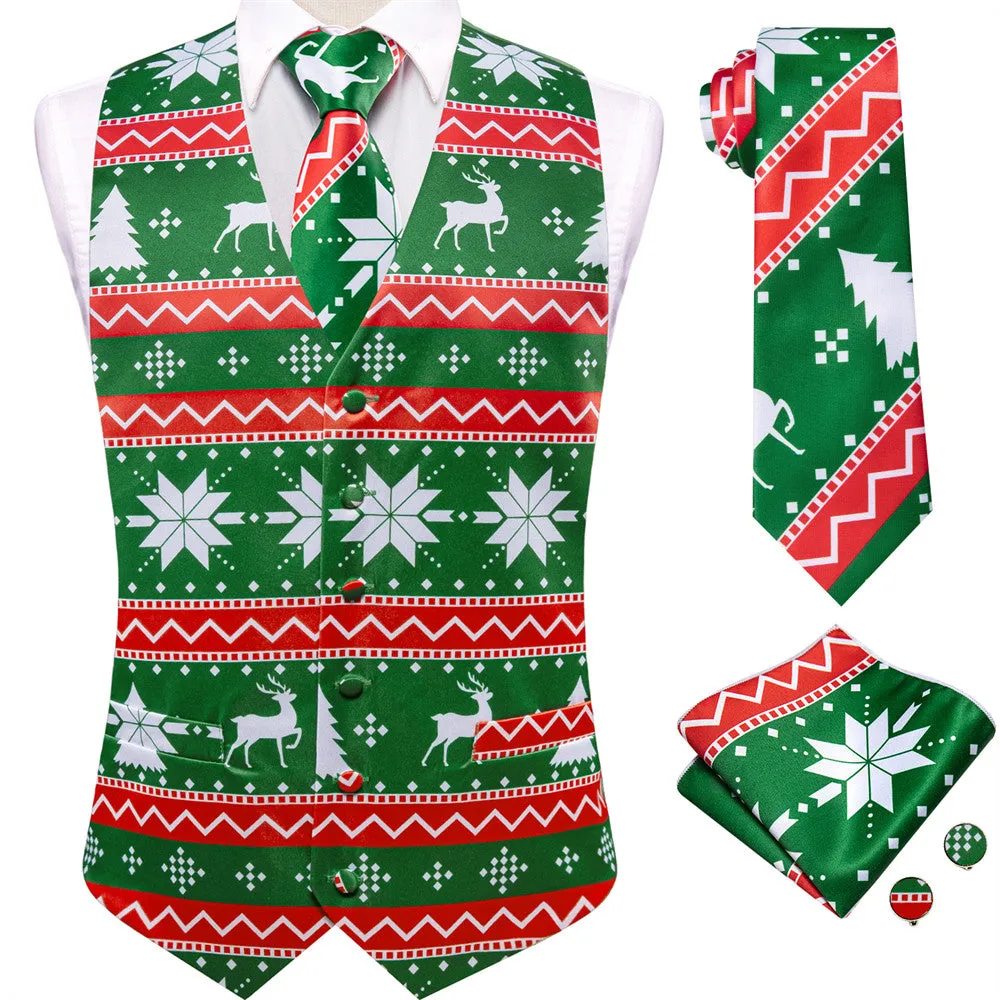 Hi-Tie Mens Waistcoat Green Red Christmas Elements Vest Necktie Set