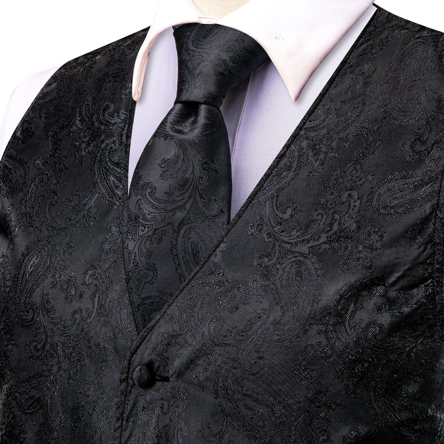 Hi-Tie Waistcoat Black Jacquard Paisley Mens Vest and Tie Set