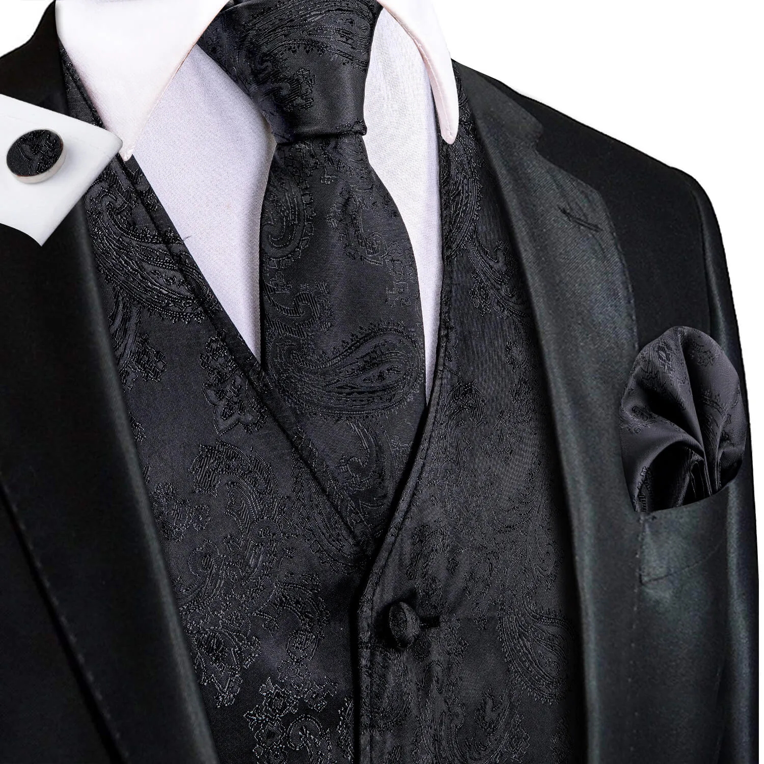 Hi-Tie Waistcoat Black Jacquard Paisley Mens Vest and Tie Set