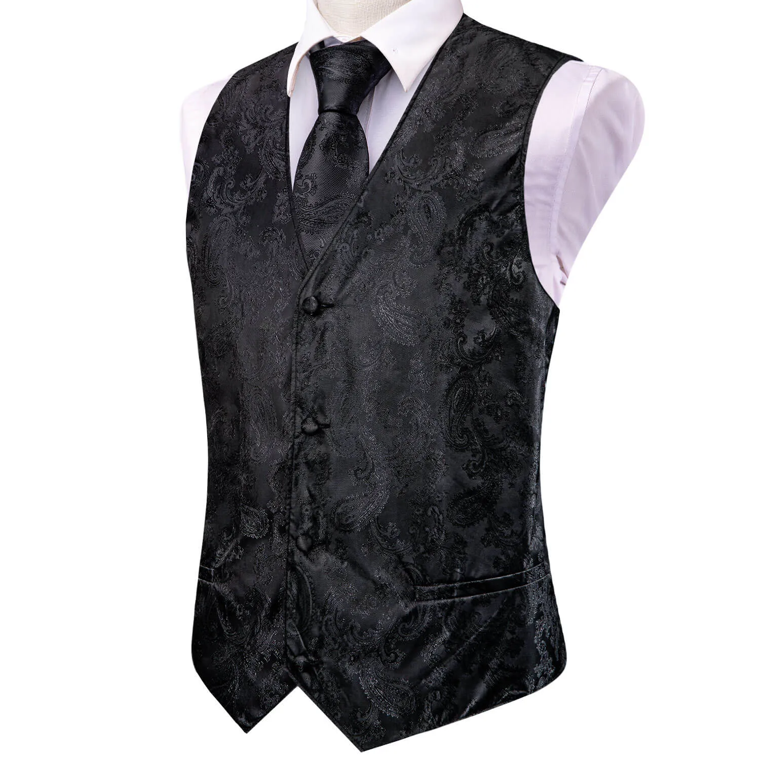 Hi-Tie Waistcoat Black Jacquard Paisley Mens Vest and Tie Set