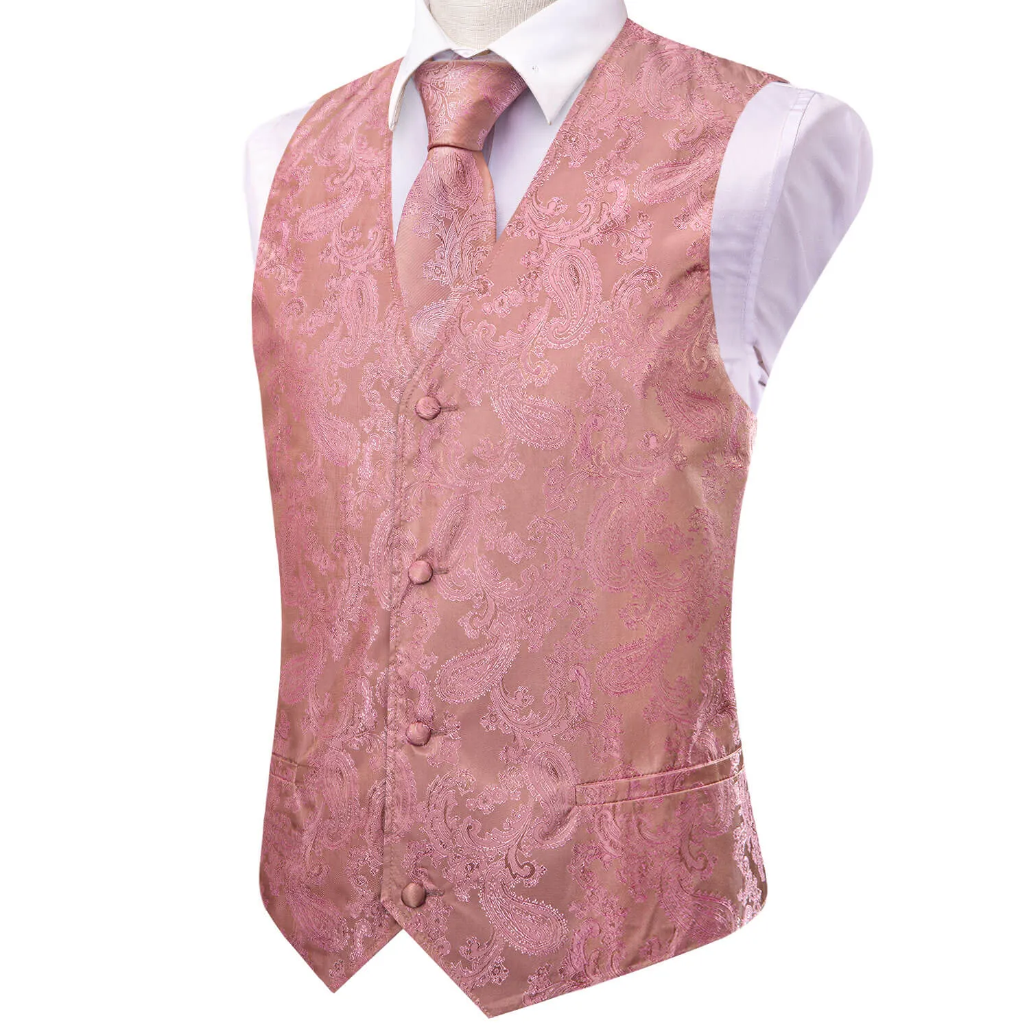 Hi-Tie Waistcoat Rose Pink Jacquard Paisley Mens Vest and Tie Set