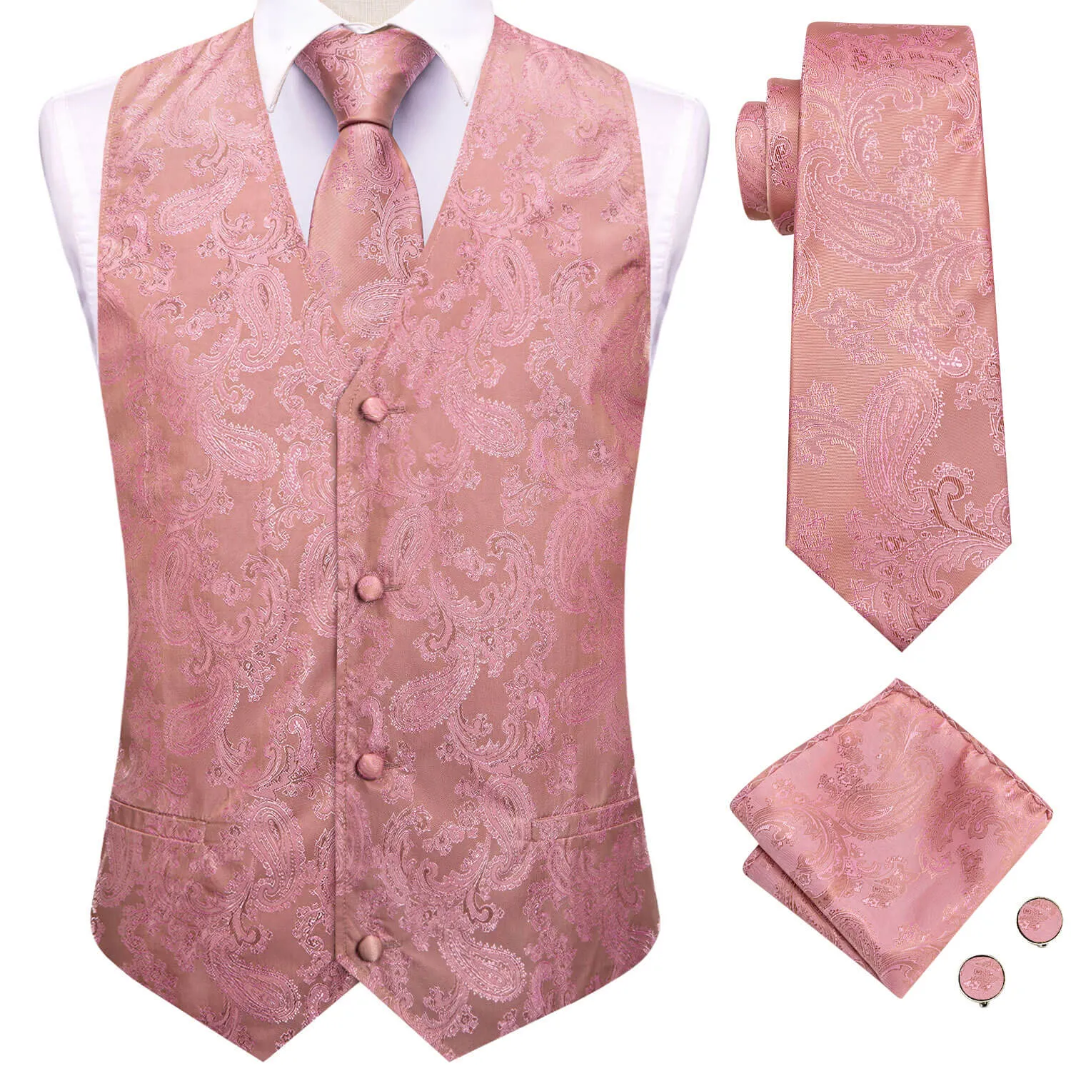 Hi-Tie Waistcoat Rose Pink Jacquard Paisley Mens Vest and Tie Set