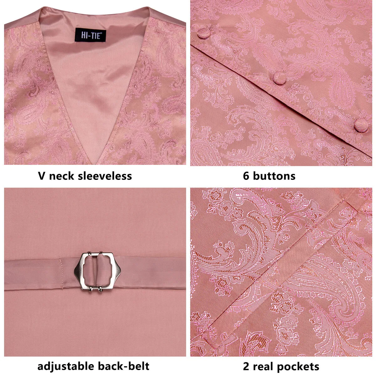 Hi-Tie Waistcoat Rose Pink Jacquard Paisley Mens Vest and Tie Set