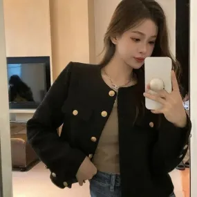 Hnewly outfit inspo winter Wool Coat Women Jacket Short Autumn Winter Cardigan Long Sleeve Top Single Breasted Tweed Versatile Wool Top Full Sleeve