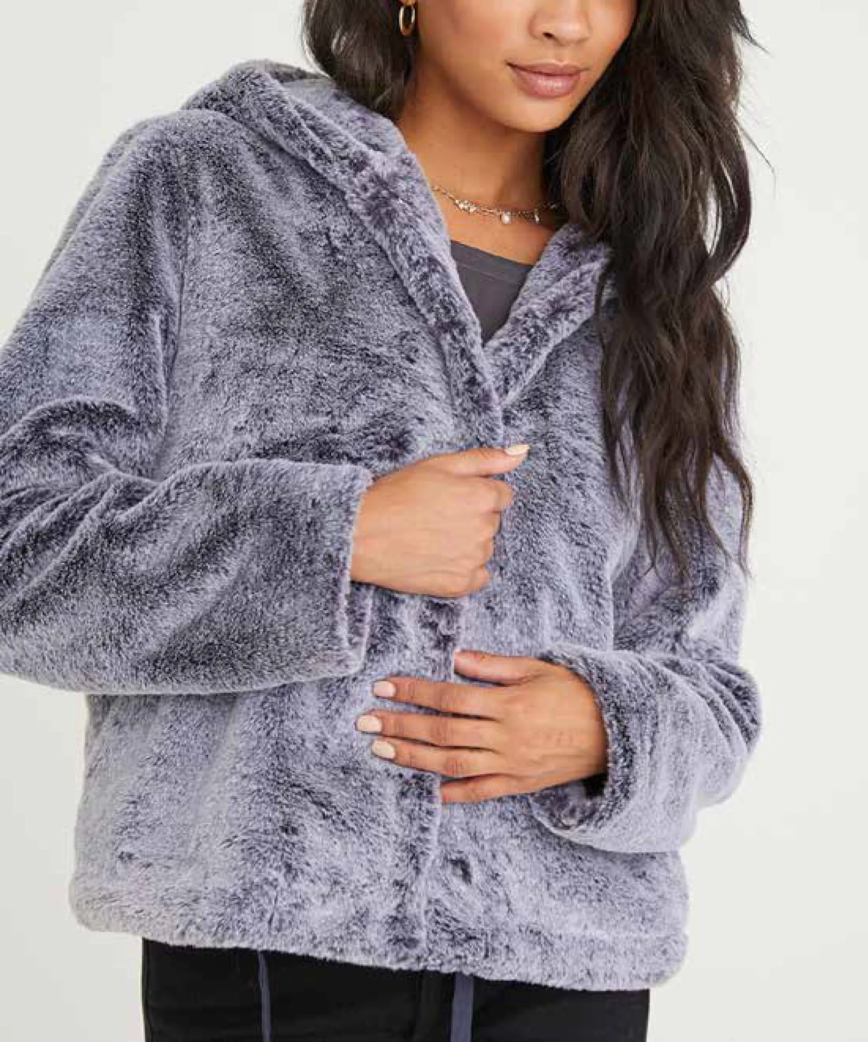 Hooded Jacket in Navy Frost Faux Fur