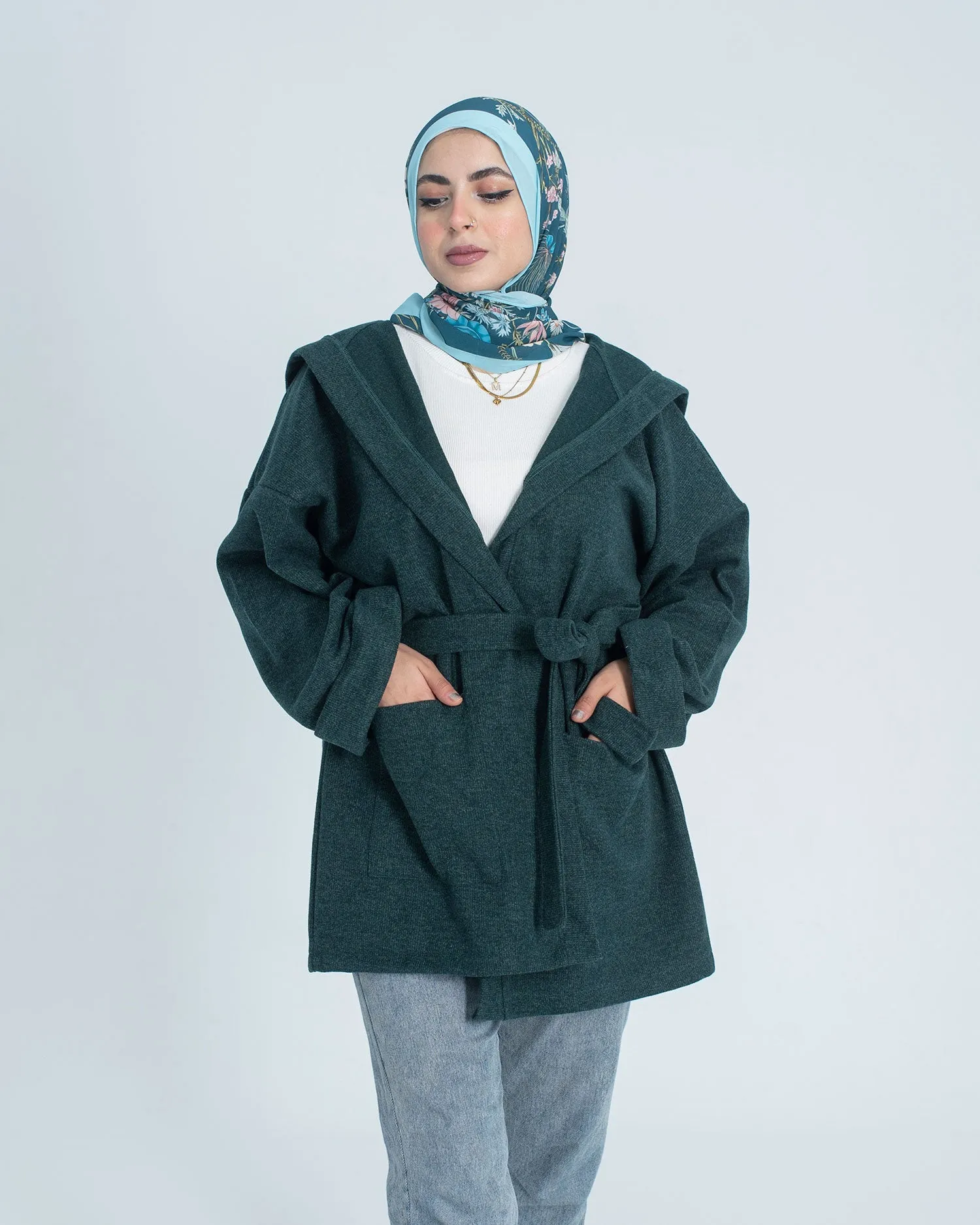 Hooded Tie Waist Casual Coat - Allura