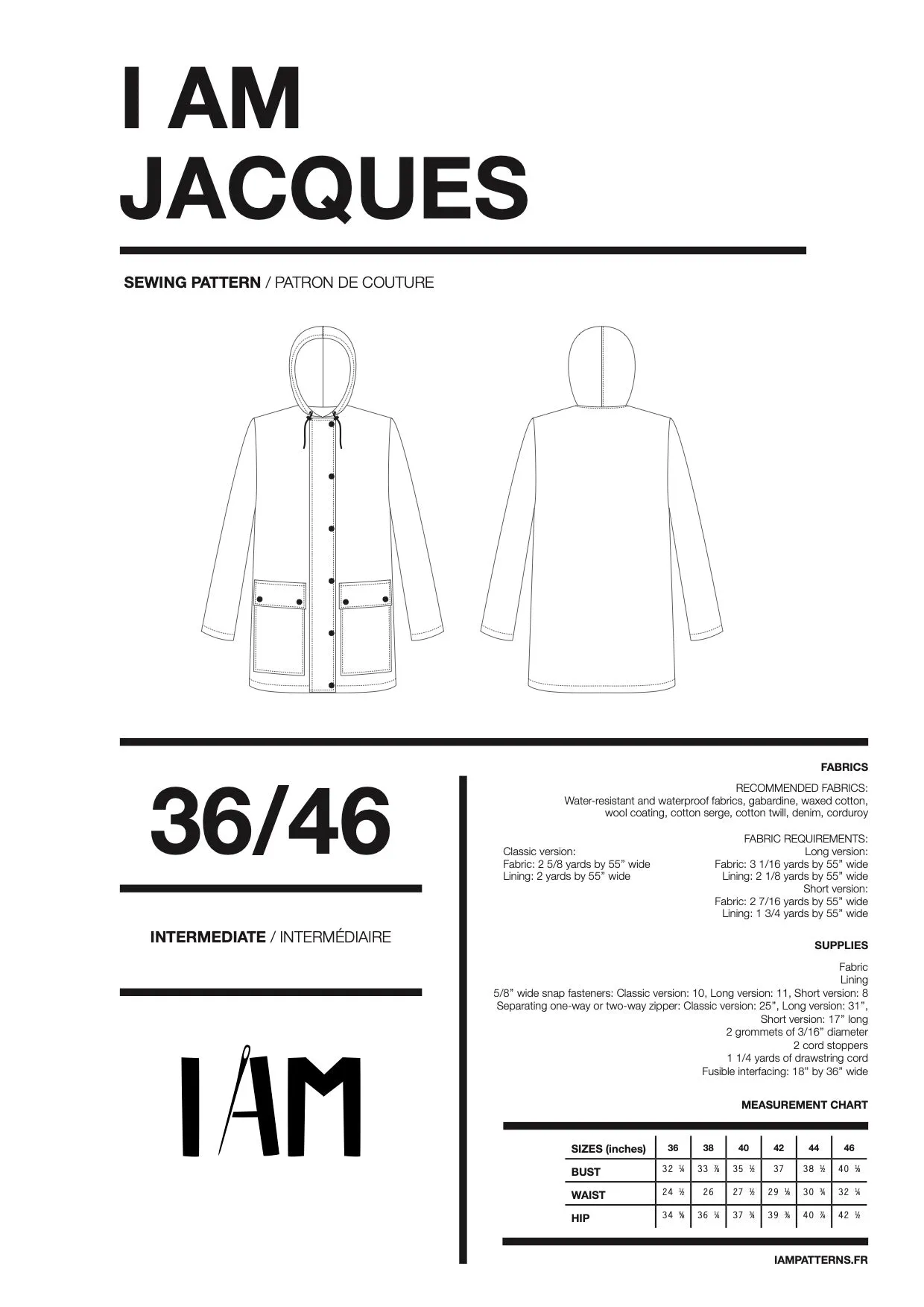 I am JACQUES (Ladies) - Classic Raincoat Pattern -  I AM PATTERNS