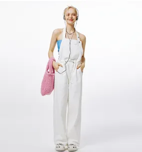 I'M ONE Women's retro casual tide cool adjustable hanging neck denim jumpsuit summer new