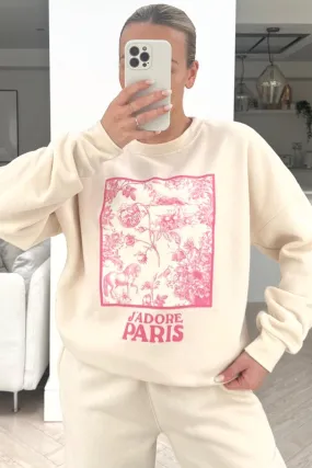 Jadore Paris pink floral box printed ecru sweater