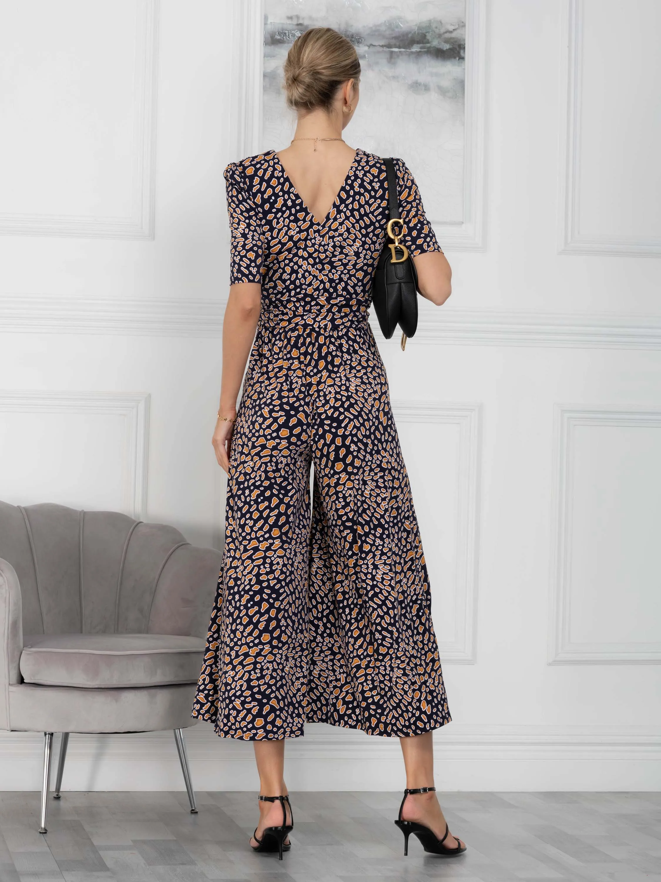 Jolie Moi Perla Leopard Wrap Jersey Jumpsuit, Navy Animal