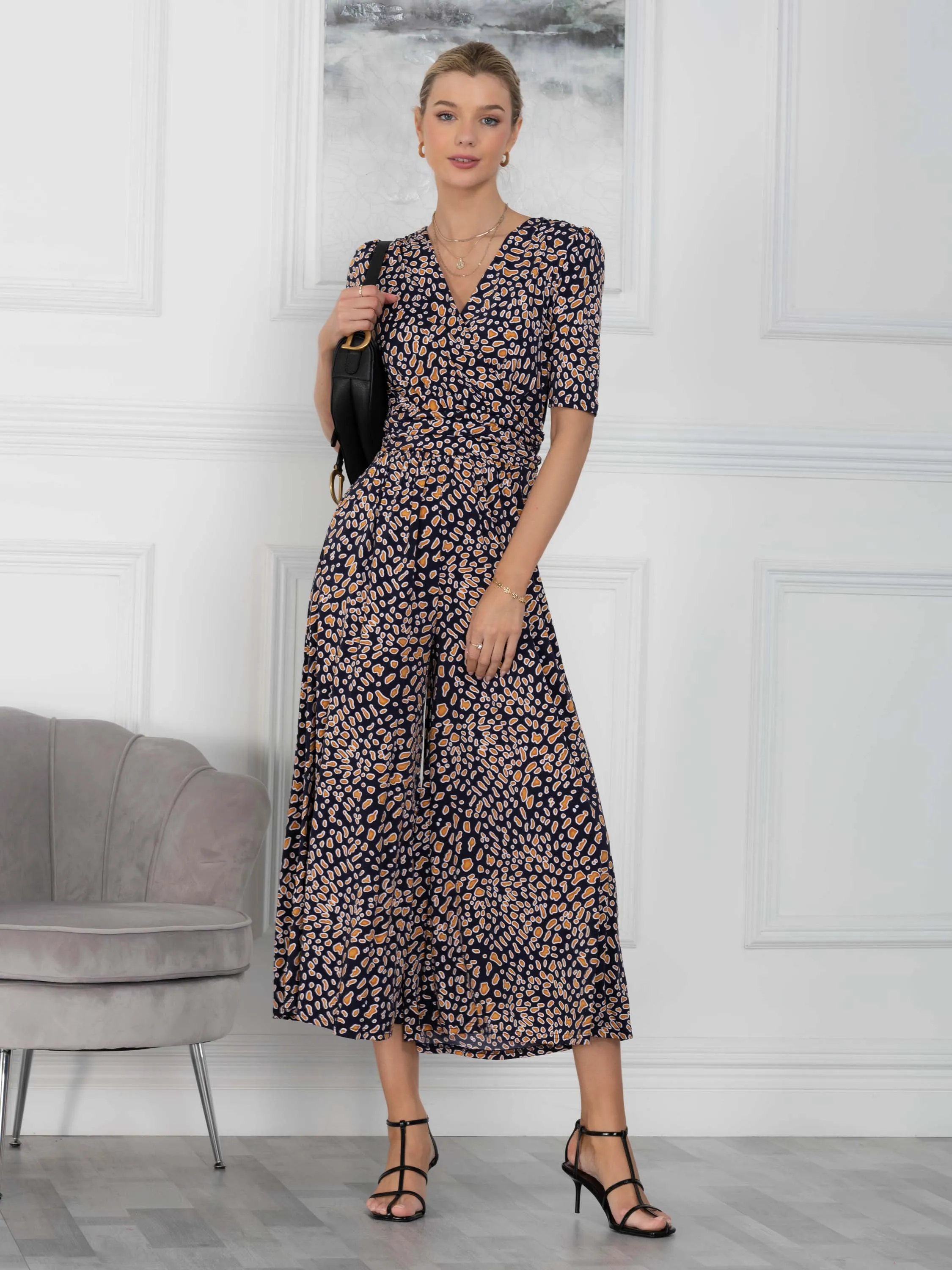 Jolie Moi Perla Leopard Wrap Jersey Jumpsuit, Navy Animal