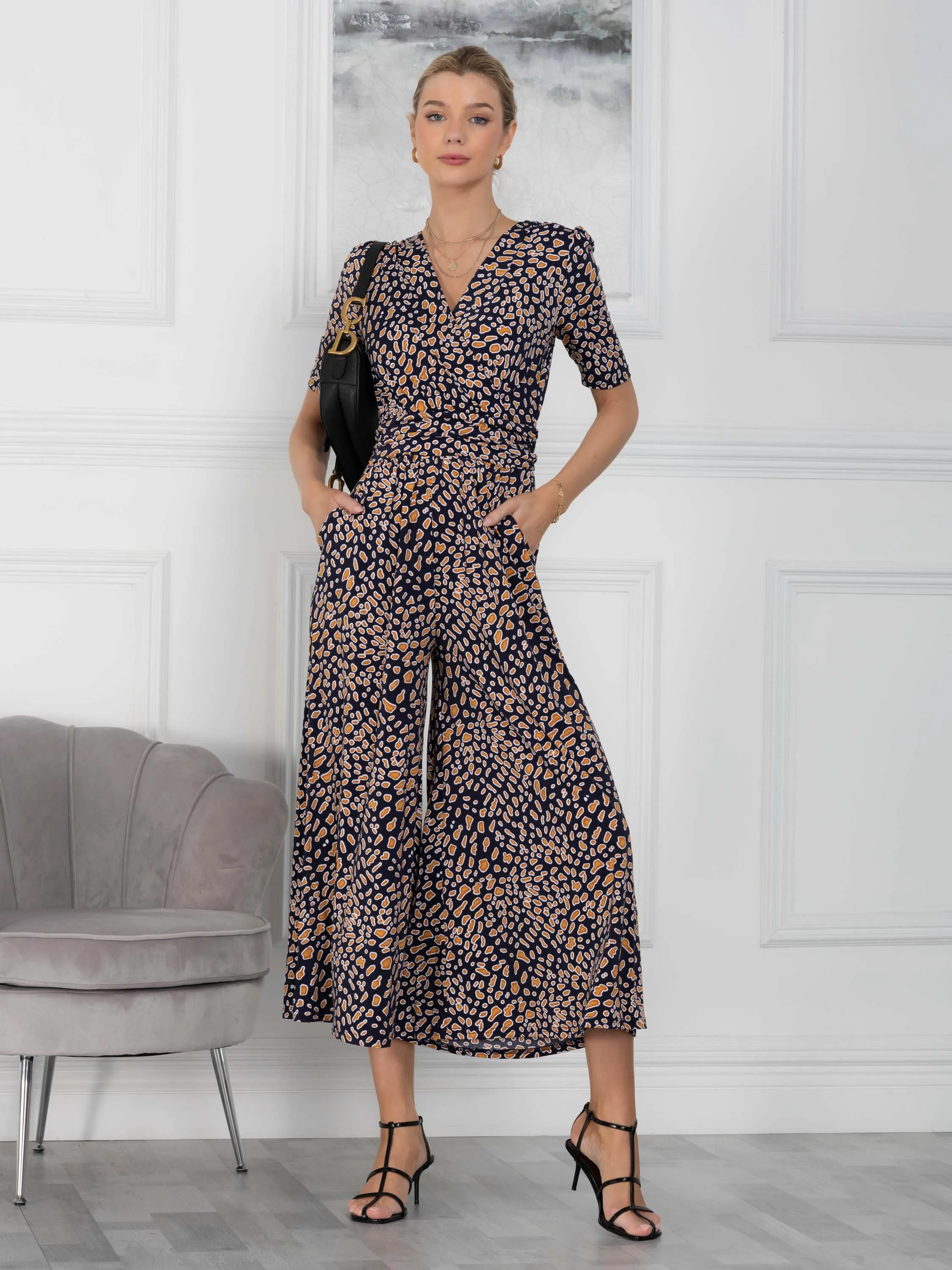 Jolie Moi Perla Leopard Wrap Jersey Jumpsuit, Navy Animal