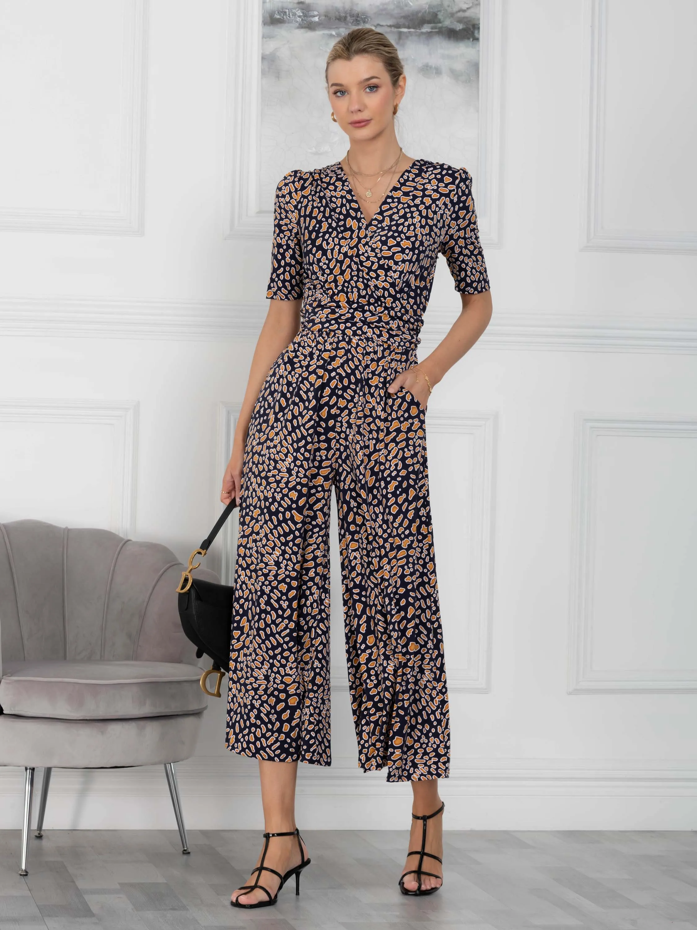 Jolie Moi Perla Leopard Wrap Jersey Jumpsuit, Navy Animal