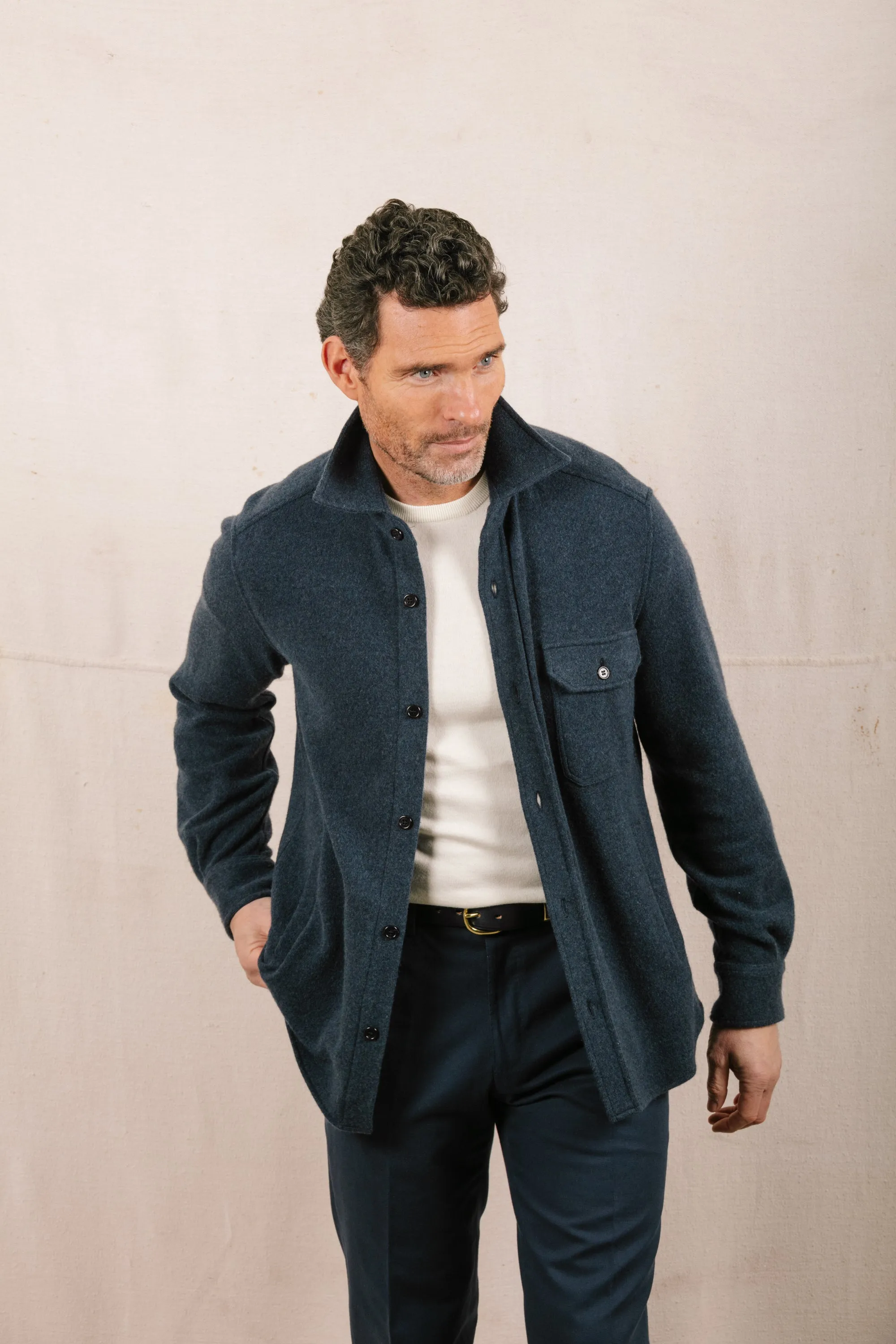 Knitted Shirt Jacket in Airforce Blue