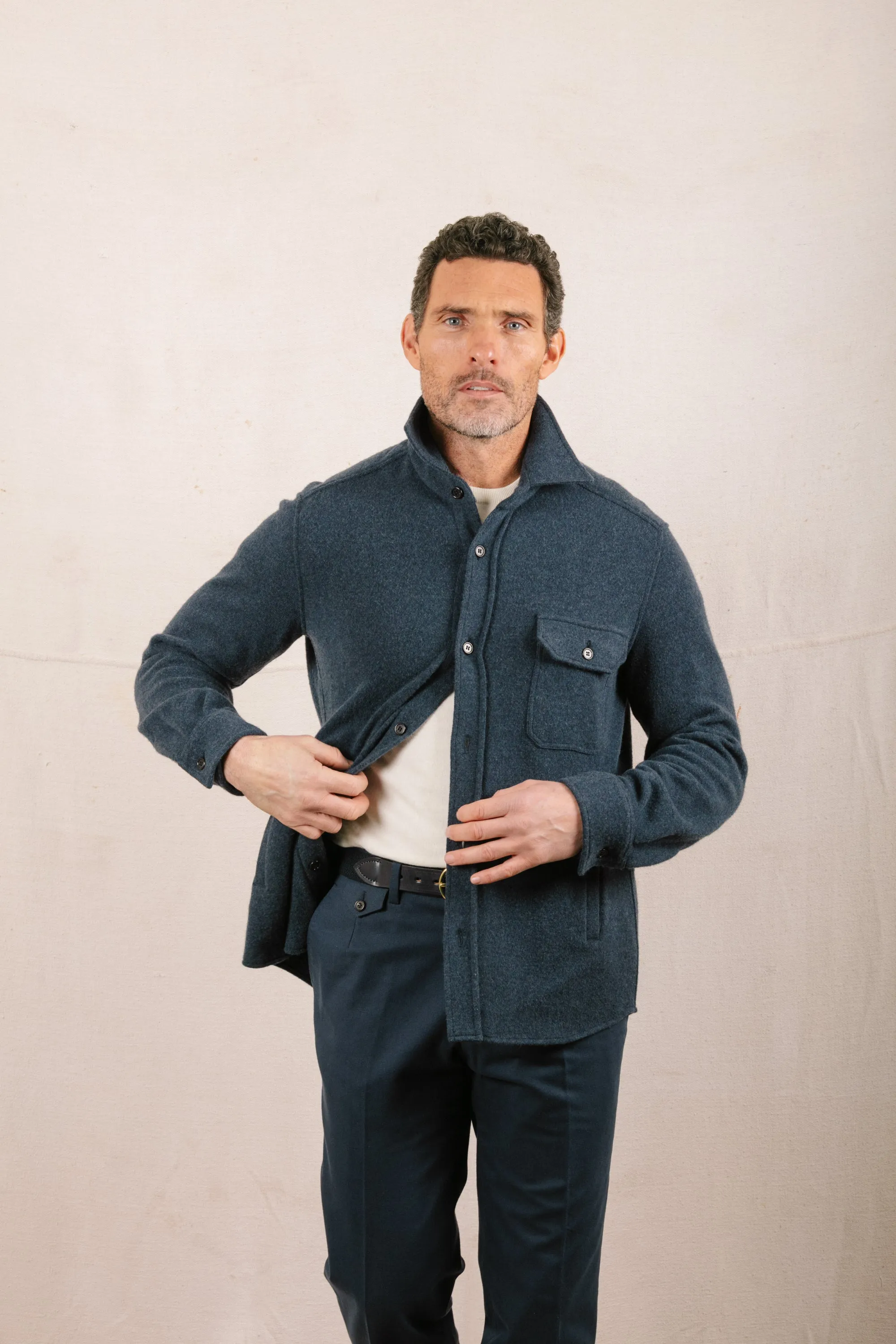 Knitted Shirt Jacket in Airforce Blue