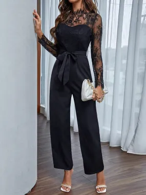 Lace Stitching Belted Hollow Long Sleeve Jumpsuit