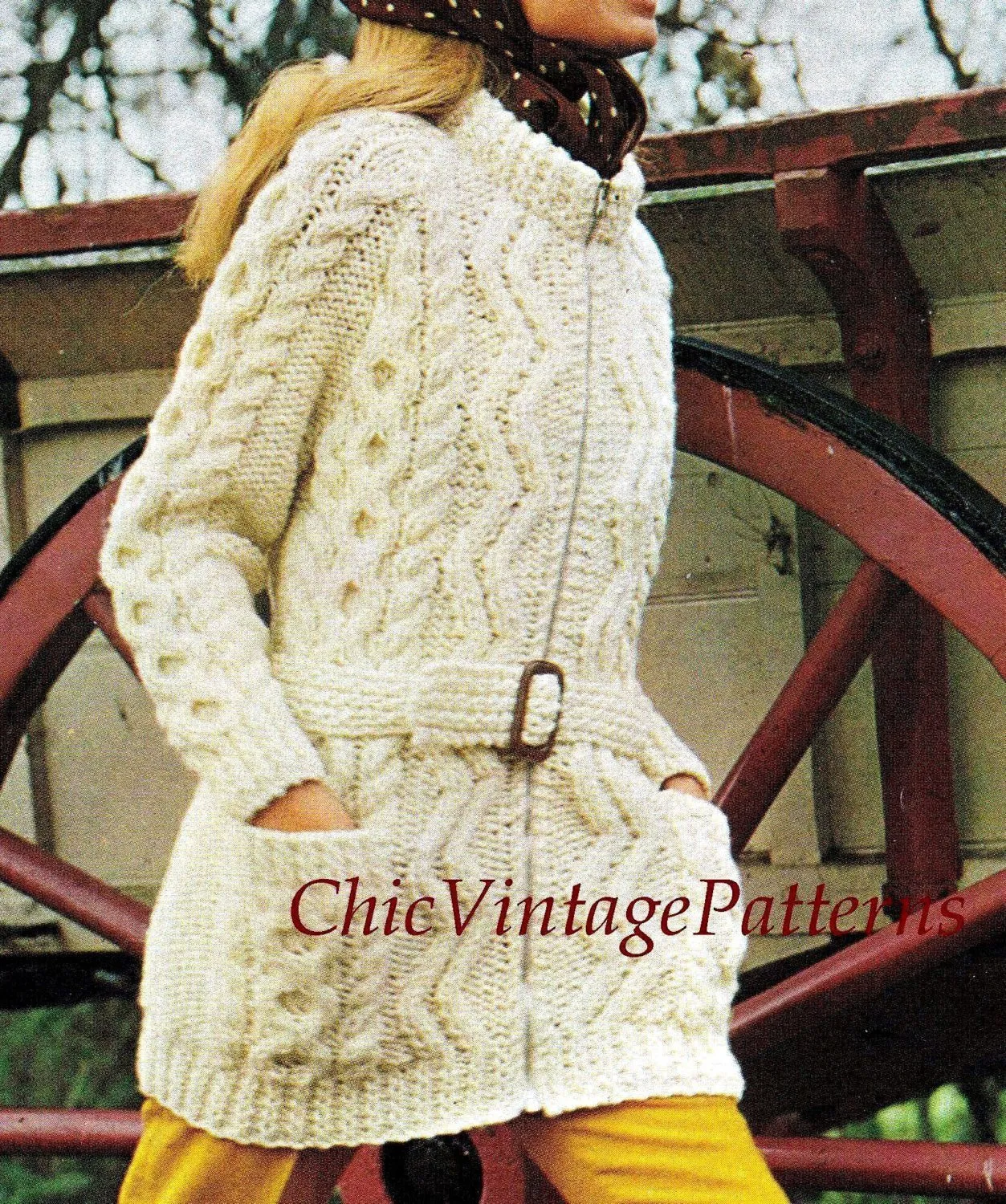 Ladies Knitted Aran Jacket, Belted Cardigan, Instant Download