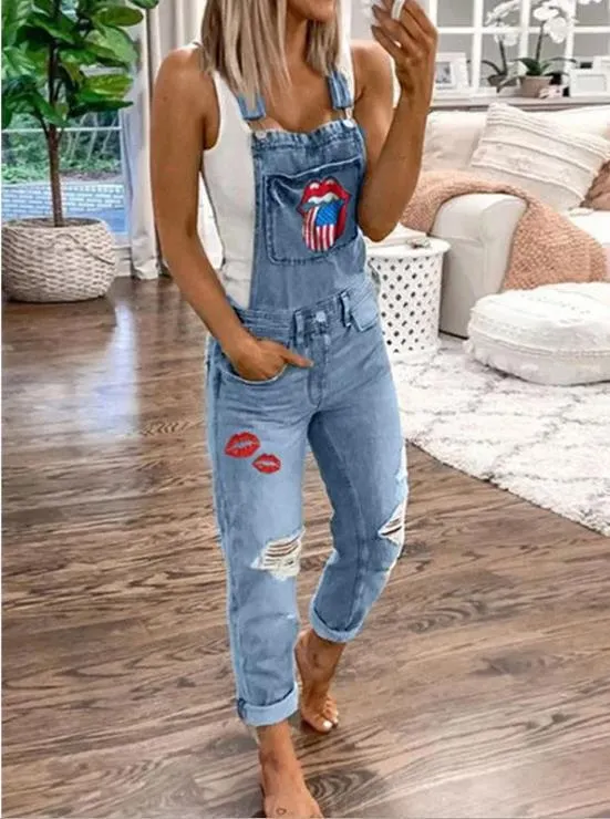 Lip Print Hole Pockets Washed Denim Jumpsuit