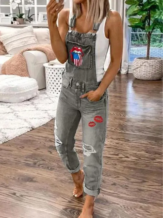 Lip Print Hole Pockets Washed Denim Jumpsuit