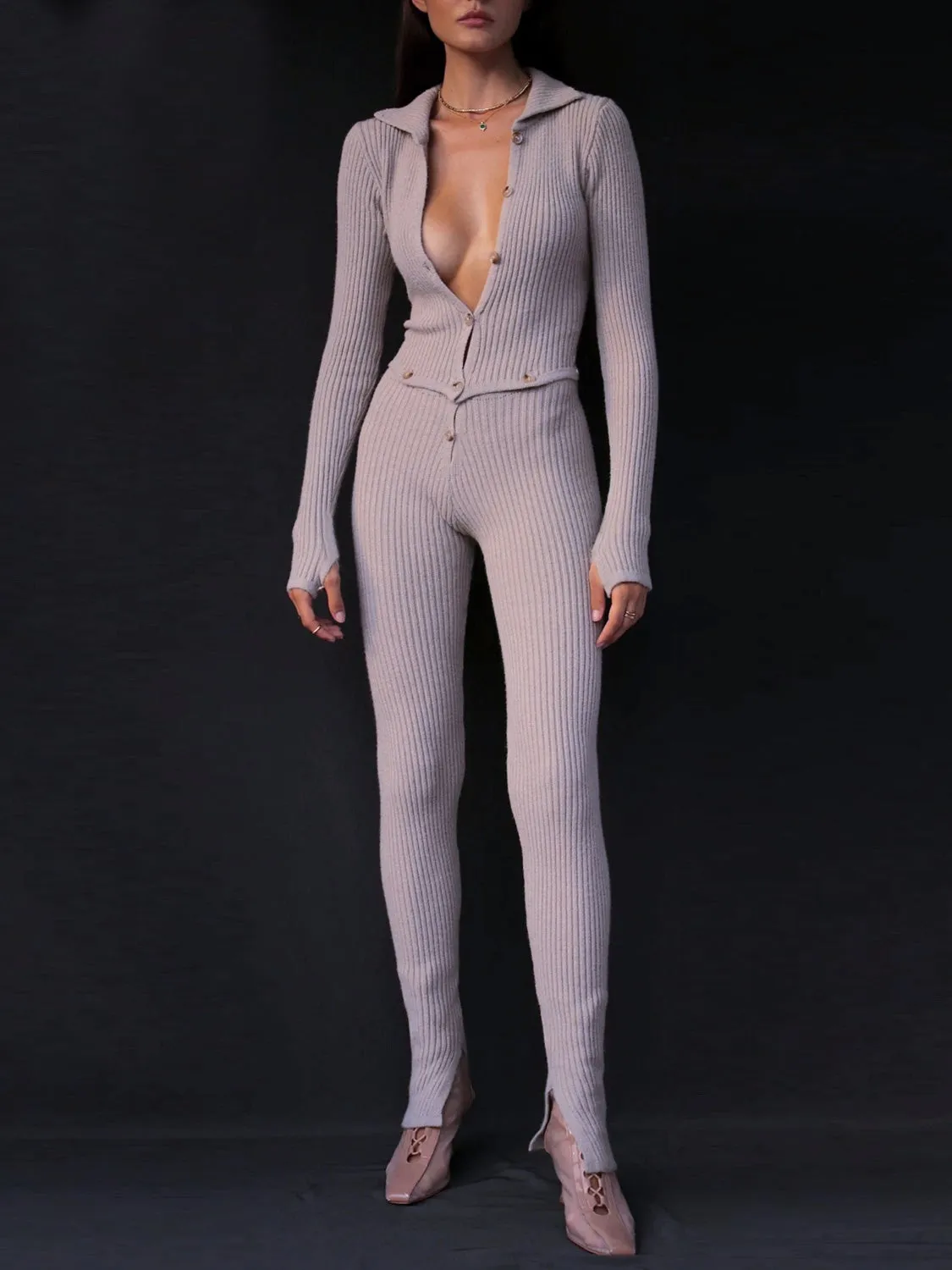 Long Sleeve Button Hollow Knit Jumpsuit