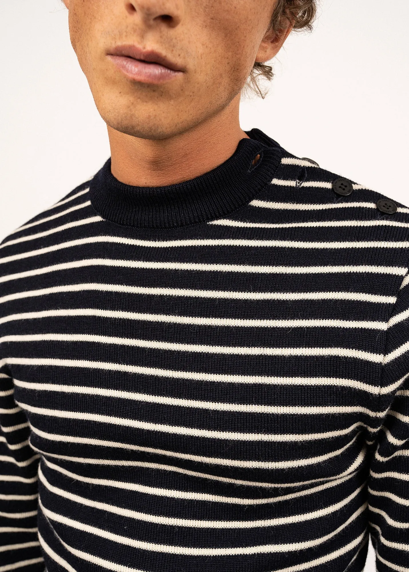 MATELOT - Authentic Striped Wool Fisherman Sweater with Button Shoulder |Slim Fit  (NAVY / ECRU)