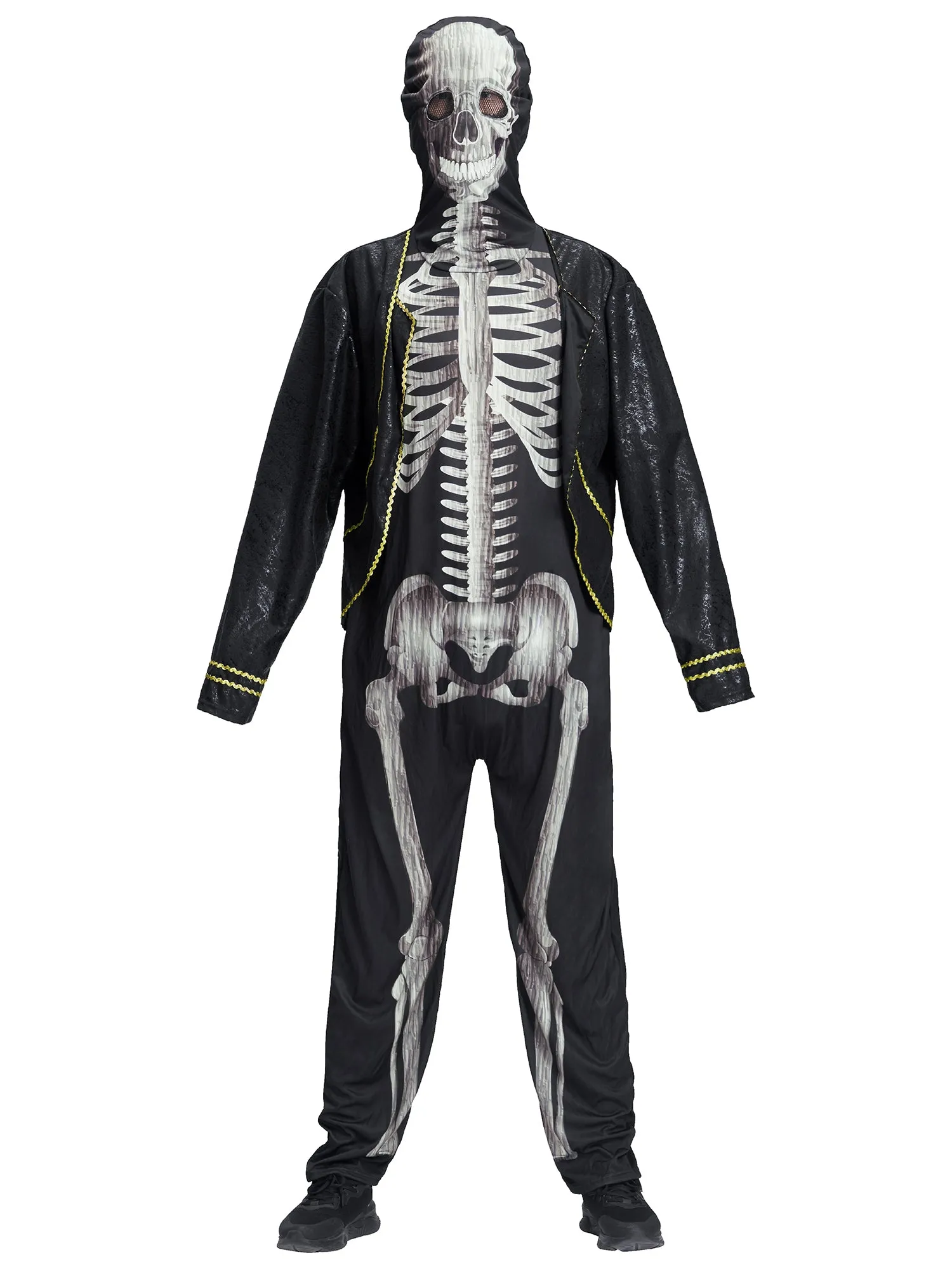 Men Earls Skeleton Jumpsuit Hooded Mask Set Halloween Costume