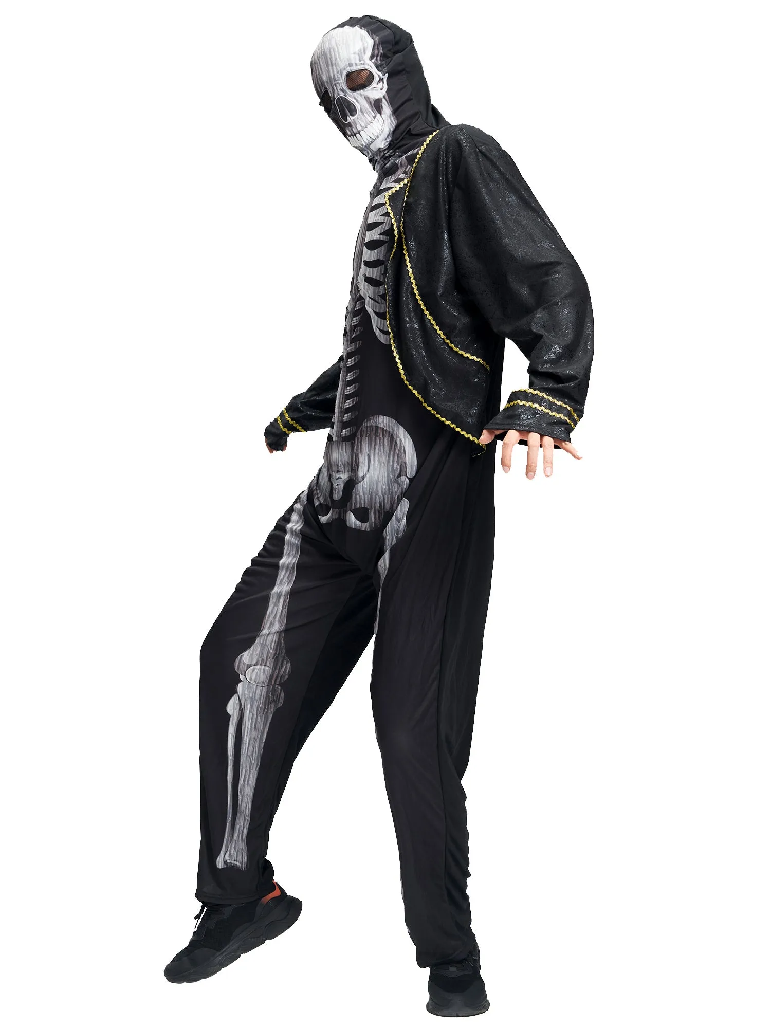 Men Earls Skeleton Jumpsuit Hooded Mask Set Halloween Costume