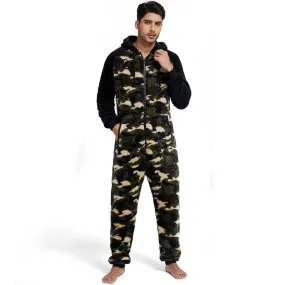 Men's Christmas Pajamas Hooded Thick Double Side Fleece Camouflage Zipper Jumpsuit Home Wear