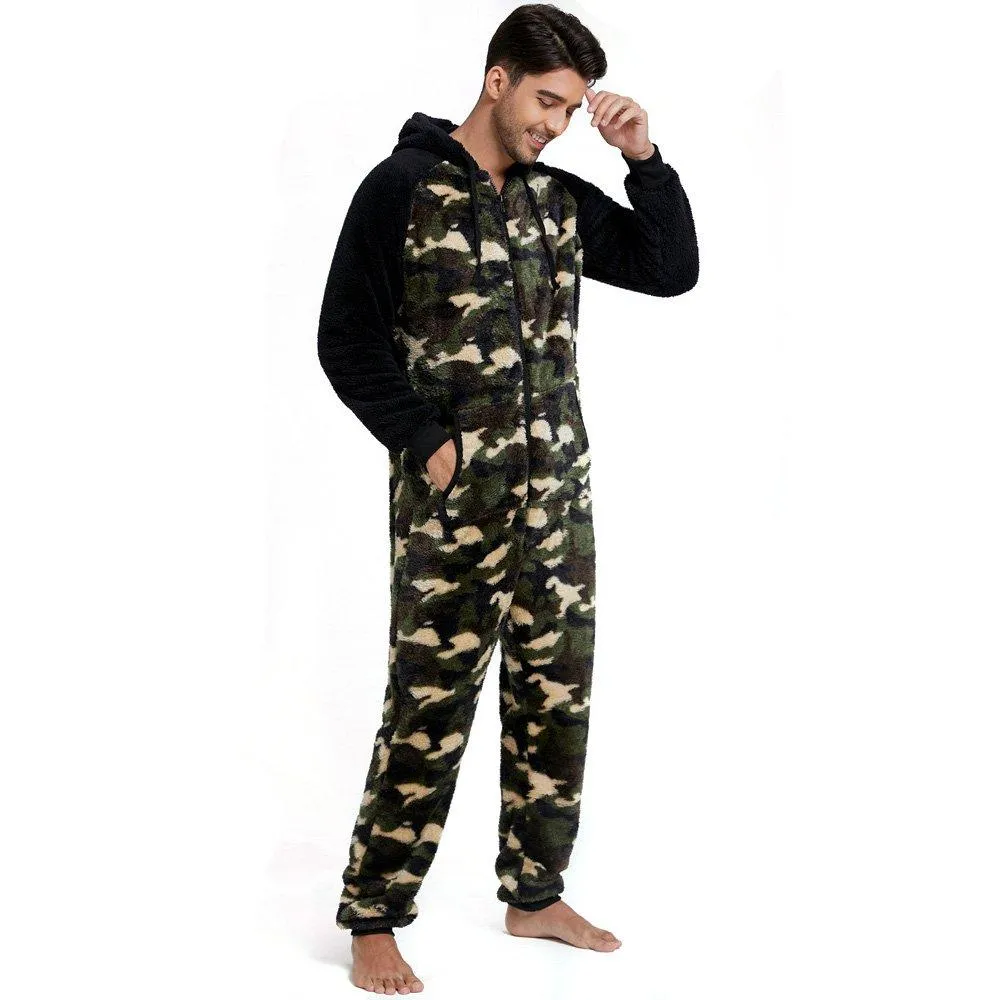 Men's Christmas Pajamas Hooded Thick Double Side Fleece Camouflage Zipper Jumpsuit Home Wear