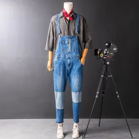 Men's Denim Bib Overalls with Slant Pocket Tapered Leg Casual Jumpsuit